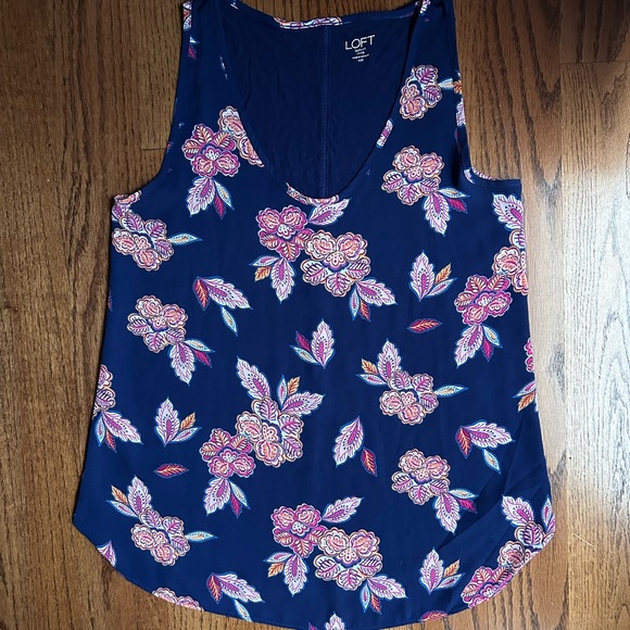 Loft Women's Sleeveless Blue Floral Blouse Polyester Crew Neck Tank Top XSmall - Picture 1 of 7